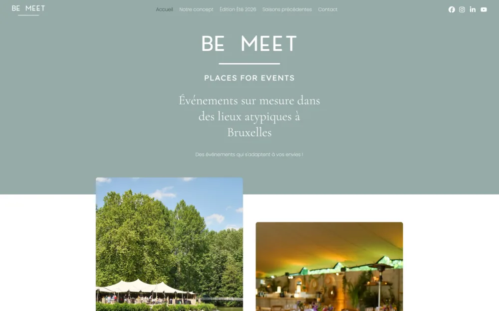 Site web de Be Meet, organisation d'événements sur mesure dans des lieux atypiques à Bruxelles, réalisé par Graficart