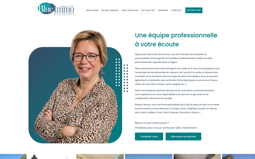 Logo, charte graphique et site web de l'agence immobilière Blue Immo à Wavre, réalisés par Graficart