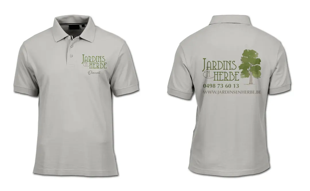 Logo et polos pour l'entreprise de jardinage Jardins en Herbe, réalisés par Graficart