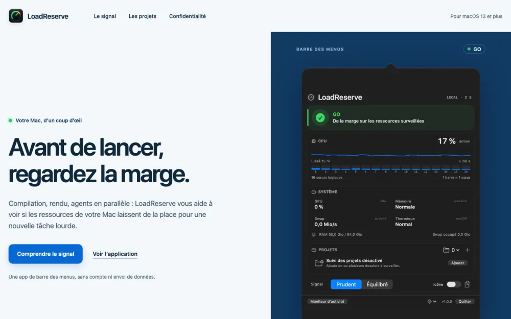 Application macOS LoadReserve, moniteur de charge dans la barre des menus, conçue et développée par Graficart