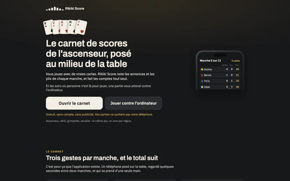 Application Rikiki Score, carnet de scores du jeu de l'ascenseur, conçue et développée par Graficart